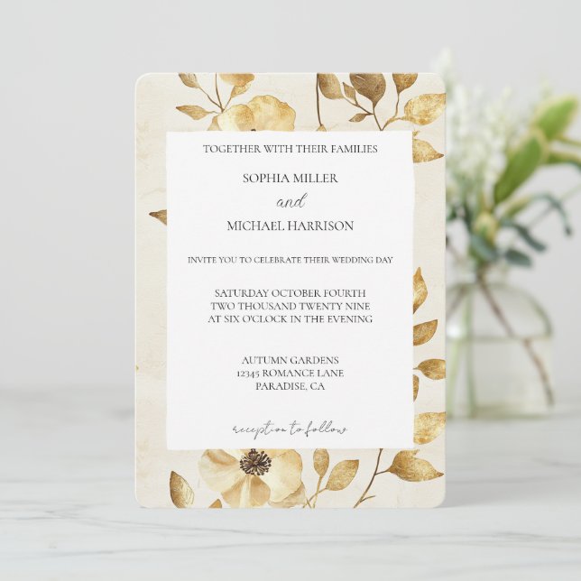 Convites Casamento Floral Creme Dourado Romântico (Em pé/Frente)