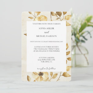 Convites Casamento Floral Creme Dourado Romântico