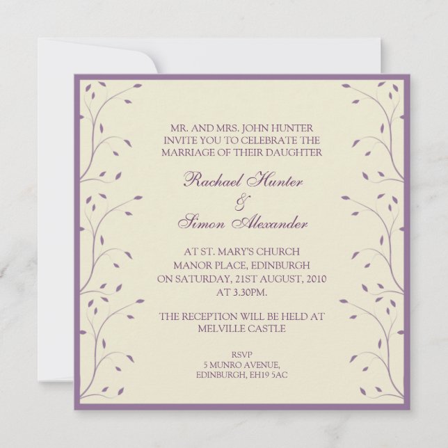 Convites Casamento Floral creme e Roxo (Frente)
