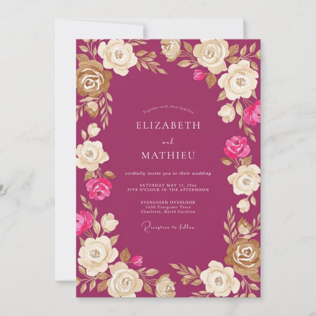 Convites Casamento Floral Creme Magenta (Frente)