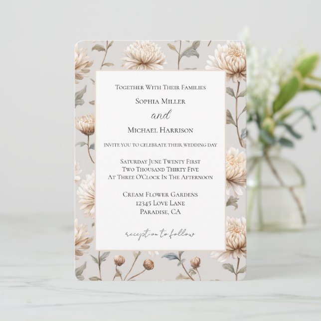 Convites Casamento Floral Creme Marrom Cacau (Em pé/Frente)