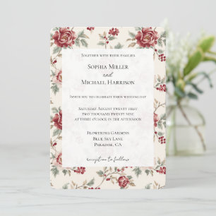 Convites Casamento Floral Creme Vermelho Chic Bonito