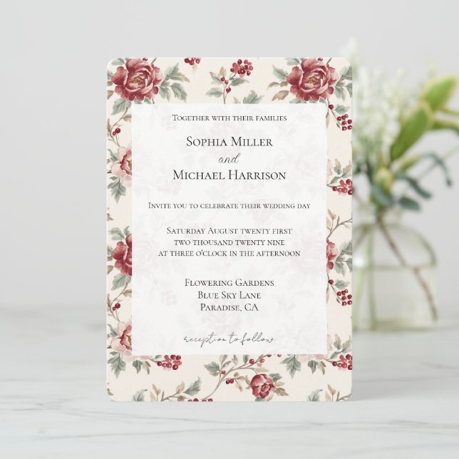 Convites Casamento Floral Creme Vermelho Chic Bonito (Em pé/Frente)