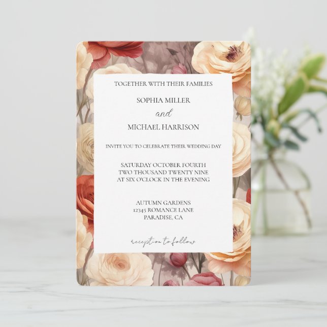 Convites Casamento Floral Creme Vermelho Romântico (Em pé/Frente)