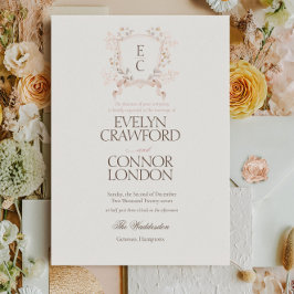 Convites Casamento Floral Crest Rosa Elegante Bege