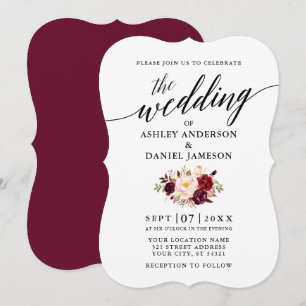 Convites Casamento Floral da Borgonha com Script de Caligra