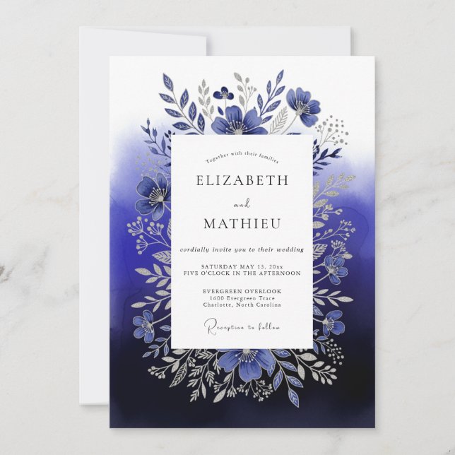 Convites Casamento Floral da Floresta Azul Profunda (Frente)