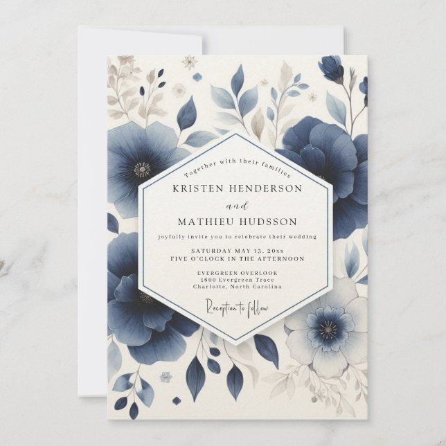 Convites Casamento Floral da Floresta Azul Profunda (Frente)
