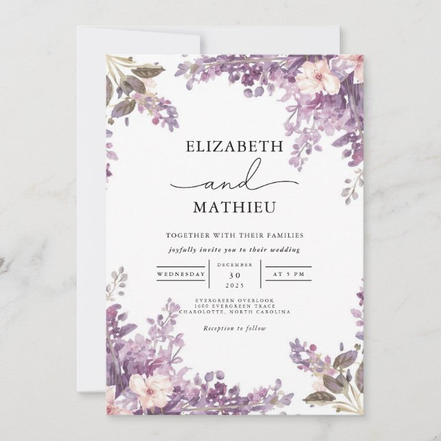 Convites Casamento Floral da Lavanda Elegante (Frente)