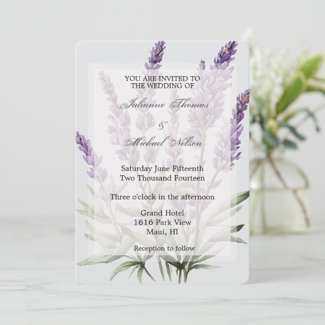 Convites Casamento Floral da Lavanda Roxa da Cinza Romântic (Em pé/Frente)