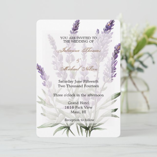 Convites Casamento Floral da Lavanda Roxa Romântica (Em pé/Frente)