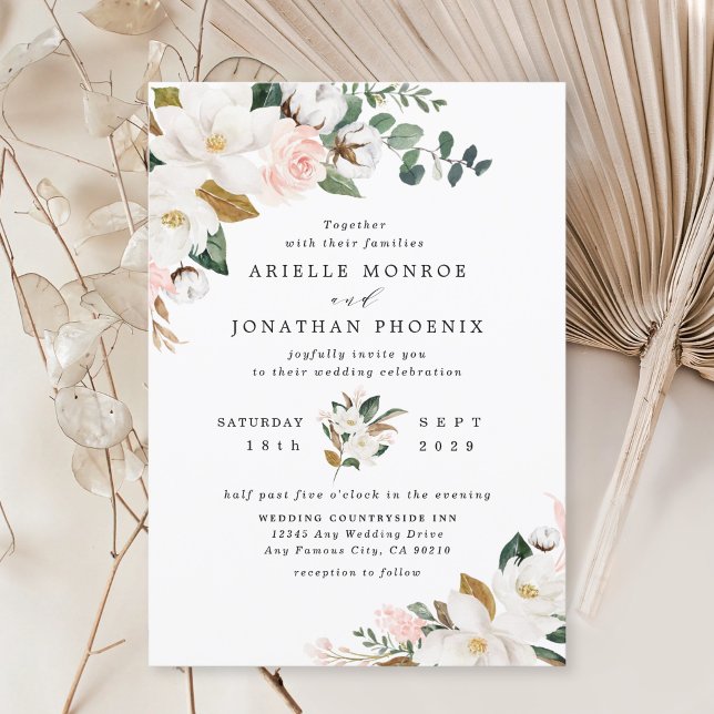 Convites Casamento Floral da Magnolia Branca Dourada e Rosa (Criador carregado)