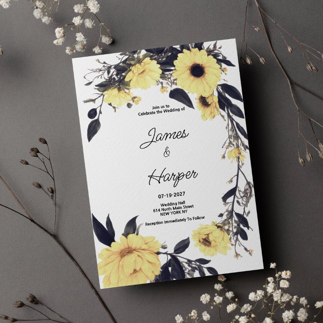 Convites Casamento floral da margarida amarela-escura cinza (Watercolor yellow dark gray daisy floral Wedding )