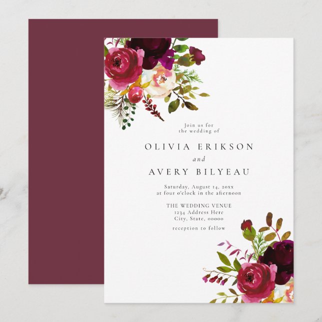 Convites Casamento Floral da Maroon Marsala (Frente/Verso)