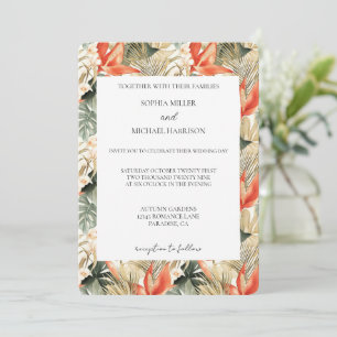 Convites Casamento Floral da Selva Tropical Laranja Vermelh