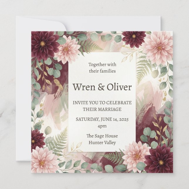 Convites Casamento Floral Daisy Borgonha (Frente)