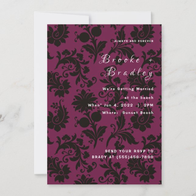 Convites Casamento Floral Damask Rosa Escuro (Frente)