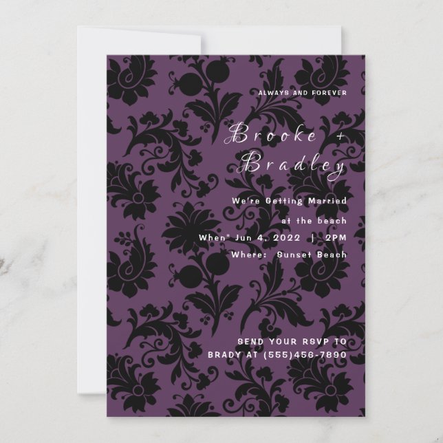 Convites Casamento Floral Damask Roxo Escuro (Frente)