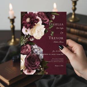 Convites Casamento Floral Dark Elegant Burgundy & Cream