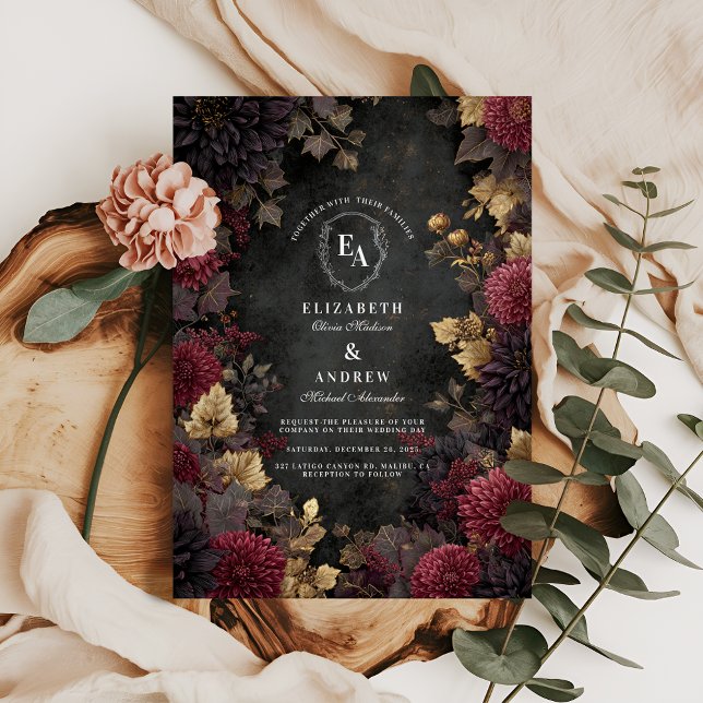 Convites Casamento Floral Dark Romance Burgundy (Criador carregado)
