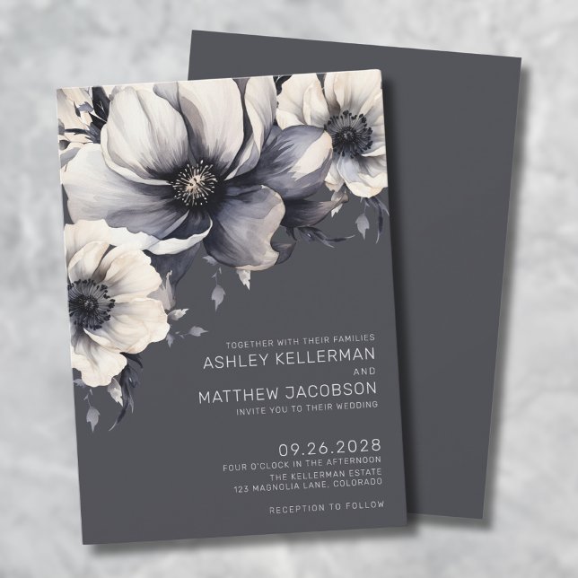 Convites Casamento Floral das Cinzas Elegante (Elegant Gray Watercolor Floral Wedding Invitation)