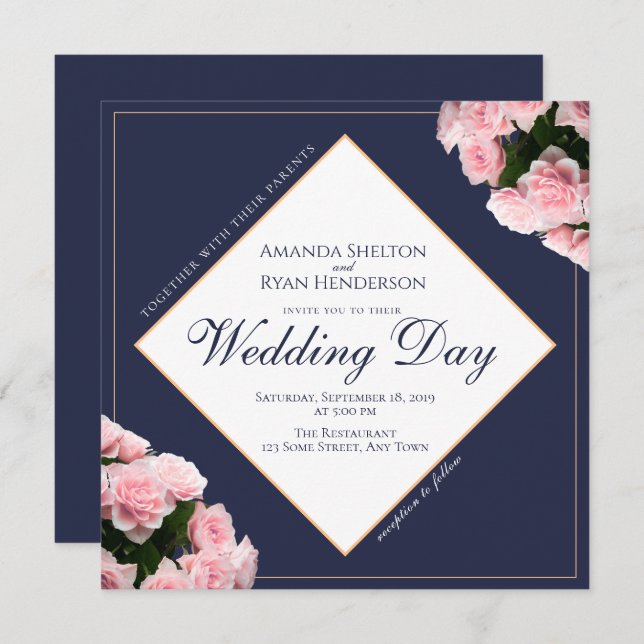 Convites Casamento Floral das Flores de Buquê Rosa Rosa Ele (Frente/Verso)