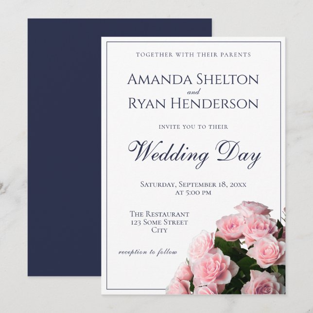 Convites Casamento Floral das Flores Rosa Elegante (Frente/Verso)