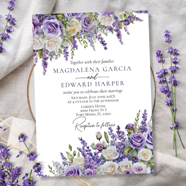 Convites Casamento Floral das Rosas de Lavanda Roxo-Elegant (Criador carregado)