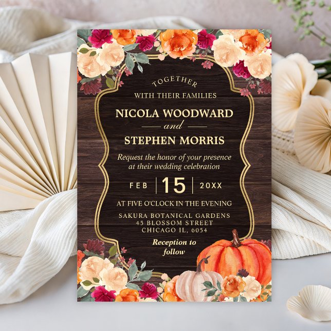 Convites Casamento floral de abóbora laranja de outono rúst (Criador carregado)