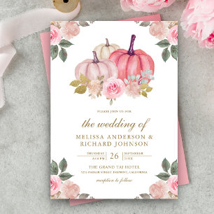 Convites Casamento Floral de Abóbora Rosa Rústico e Dourado