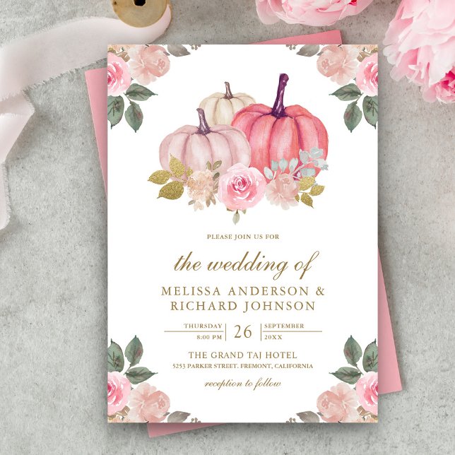 Convites Casamento Floral de Abóbora Rosa Rústico e Dourado (Criador carregado)