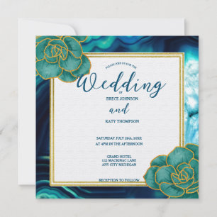 Convites Casamento Floral de Ágata Azul Turquesa