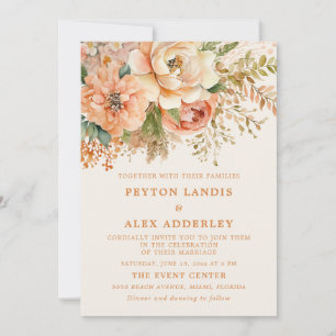 Convites Casamento Floral de Aguarela Pêssego Creme Verde S