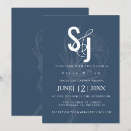 Convites Casamento Floral de Algodão Azul Escuro Minimalist