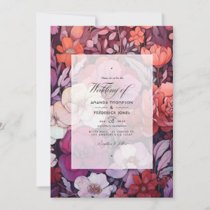 Convites Casamento Floral de ameixa, Cinza, Cobre e Rosa