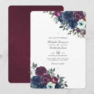 Convites Casamento Floral de Ameixa e Azul Marinho com QR C