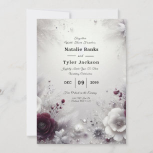 Convites Casamento Floral de Ameixa e Marfim Besuntado de N