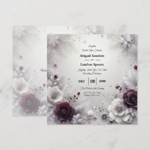 Convites Casamento Floral de Ameixa e Marfim Besuntado de N