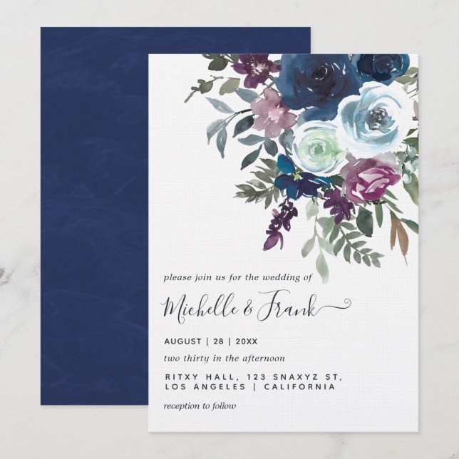 Convites Casamento Floral de ameixa e Marinho (Frente/Verso)