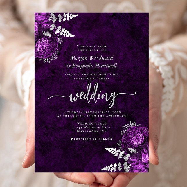 Convites Casamento Floral de Ameixa Elegante Prata (Criador carregado)