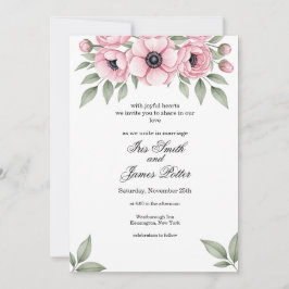 Convites Casamento Floral de Anêmona em Aquarela Rosa Român