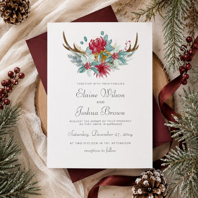 Convites Casamento Floral de Antílope de Madeira de Inverno (Woodland Deer Floral Antler Winter Wedding Invitation)