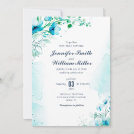Convites Casamento Floral de Aqua Azul-Aquarela
