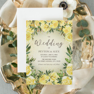 Convites Casamento Floral de Aquarela Amarela com Brilho Do