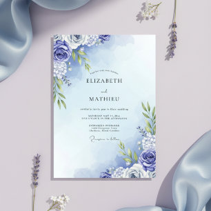 Convites Casamento Floral de Aquarela Azul-Pervinca