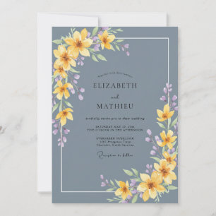 Convites Casamento Floral de Aquarela Azul Pizarra