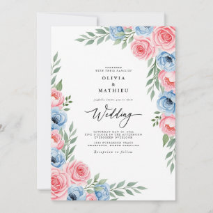 Convites Casamento Floral de Aquarela Azul Rosa