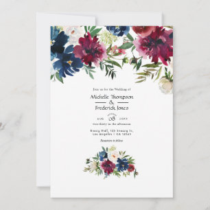 Convites Casamento Floral de Aquarela Bordo e Azul Marinho