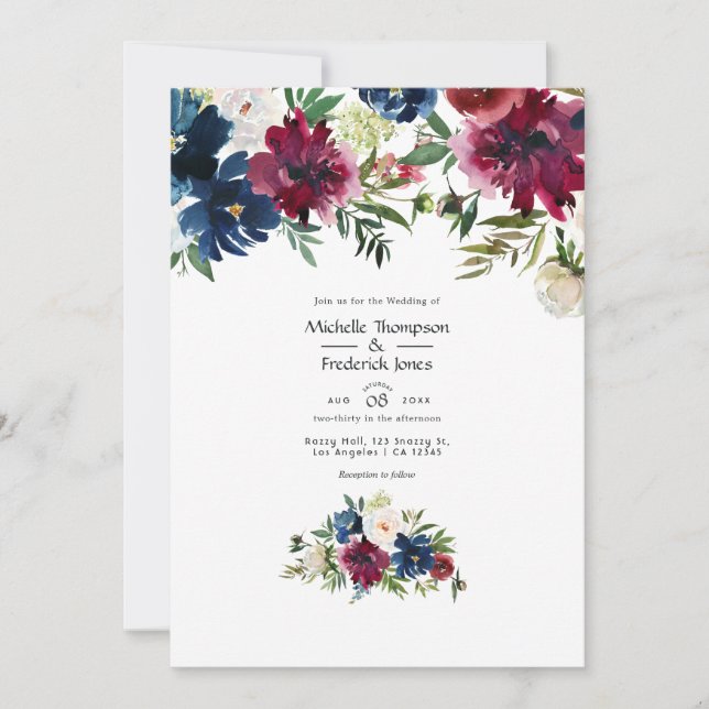 Convites Casamento Floral de Aquarela Bordo e Azul Marinho (Frente)