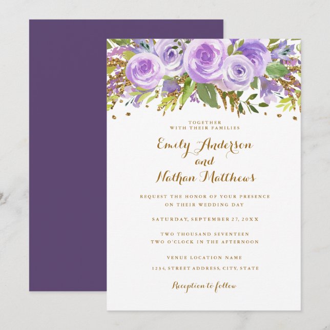 Convites Casamento Floral de Aquarela com Brilho em Ouro Ro (Frente/Verso)